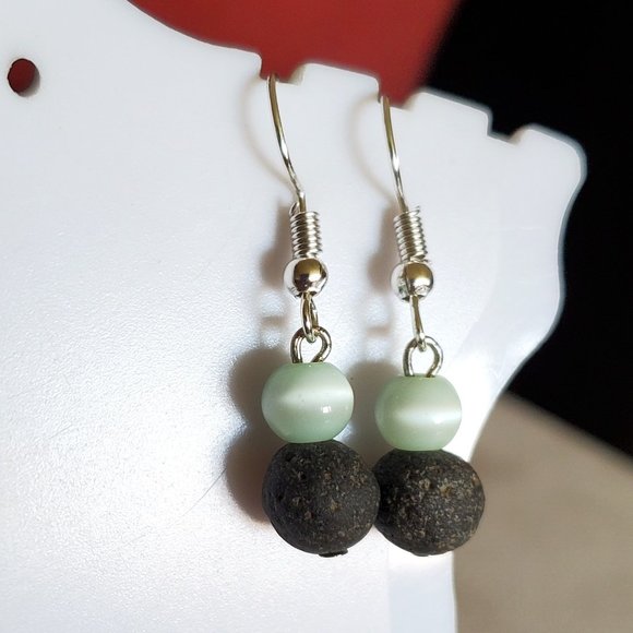 Silver Tone Hook Cat's Eye and Lava Bead Earrings - Picture 2 of 3